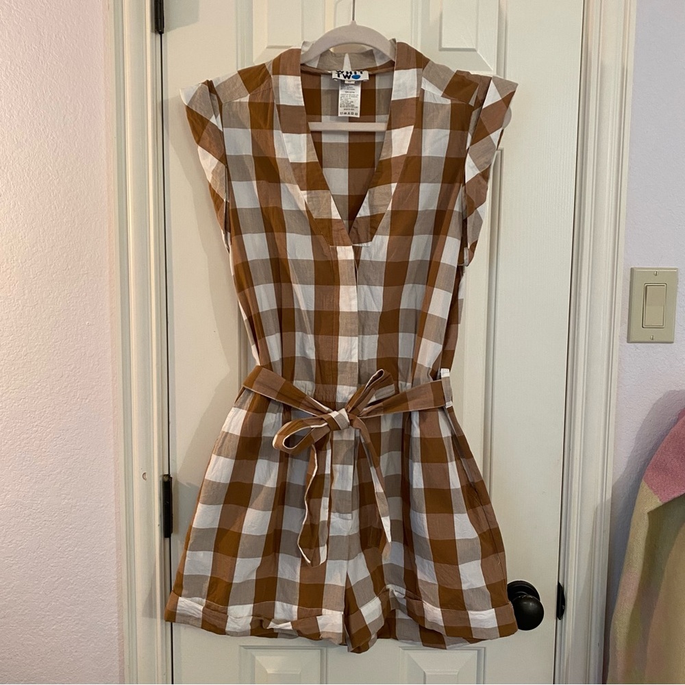Anthropologie Whit Two Brown Gingham Romper M